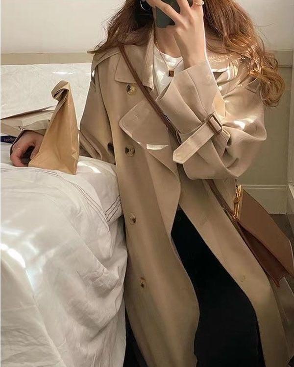 Collar Plain Midi Double-Breasted Trench Coat Product Image