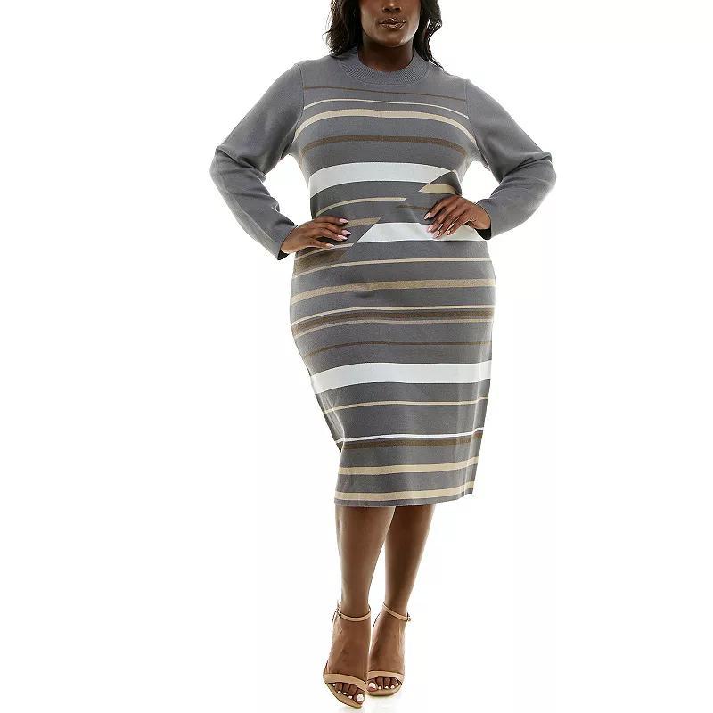 Plus Size Nina Leonard Long Sleeve Rib Knit Bodycon Dress, Women's, Size: 2XL, Brown Team Product Image