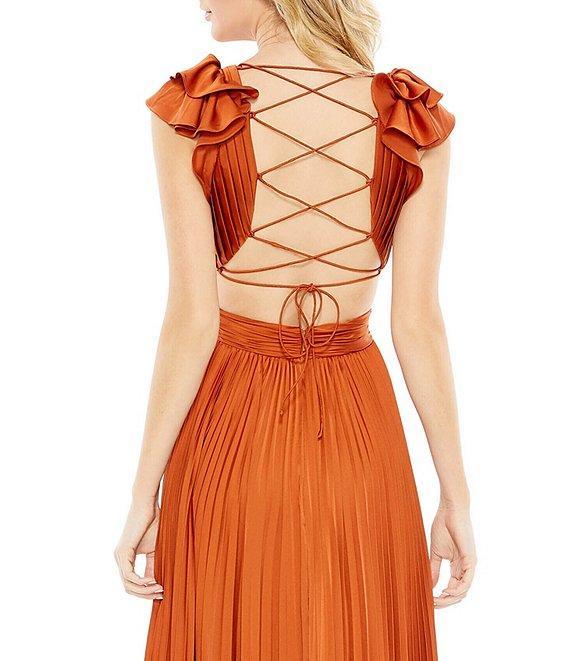 Mac Duggal Ruffled Cap Sleeve Cut Out Pleated Deep V-Neck Strappy Back Detail Satin A-Line Gown Product Image