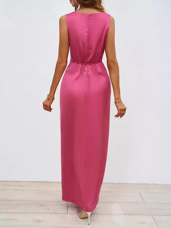Bodycon High Waisted Elasticity Knot Solid Color Split-Front Split-Joint Zipper V-Neck Maxi Dresses Product Image