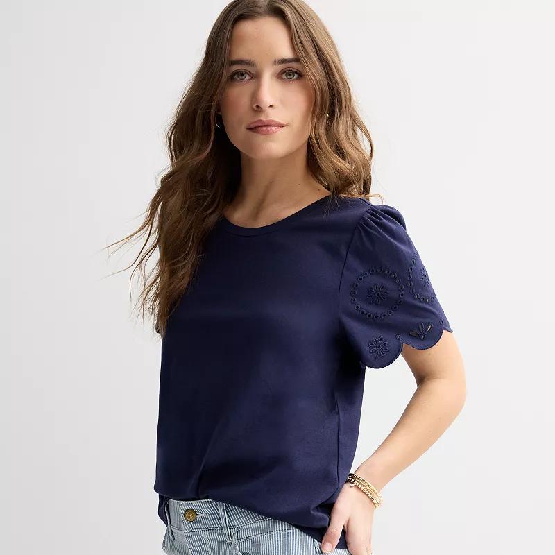 Womens Draper James Embroidered Sleeve Knit Top Blue Product Image
