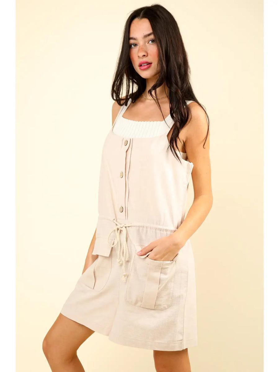 Oatmeal Button Down Solid Woven Romper Product Image