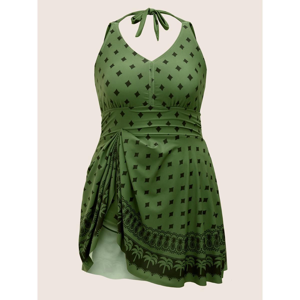 Plus Size V Neck Bandana Print Tie Knot Swim Dress Women's Swimwear Moss Beach Bodycon V-neck High stretch Curve Swim Dresses BloomChic 22-24/3X Product Image