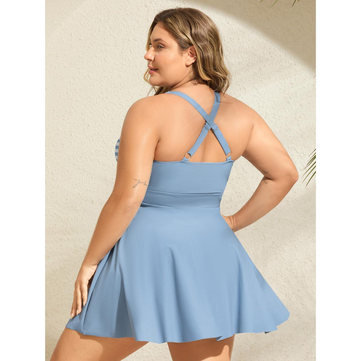Plus Size Stripes Patchwork Tie Knot Cross Straps Swim Dress Women's Swimwear LightBlue Resort Bodycon Heart neckline High stretch Curve Swim Dresses BloomChic 14-16/1X Product Image