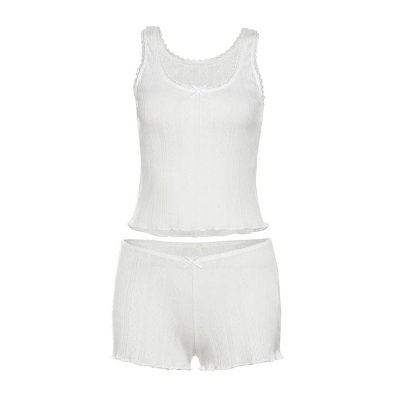 Set: Sleeveless V-Neck Plain Lace Crop Top + Low Rise Plain Shorts Product Image