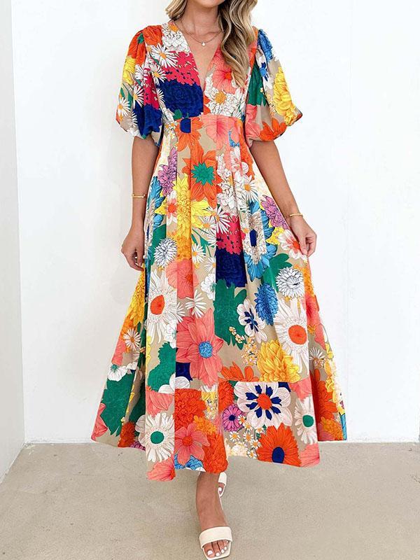 A-Line High Waisted Flower Print Pleated Split-Joint Zipper V-Neck Maxi Dresses Product Image