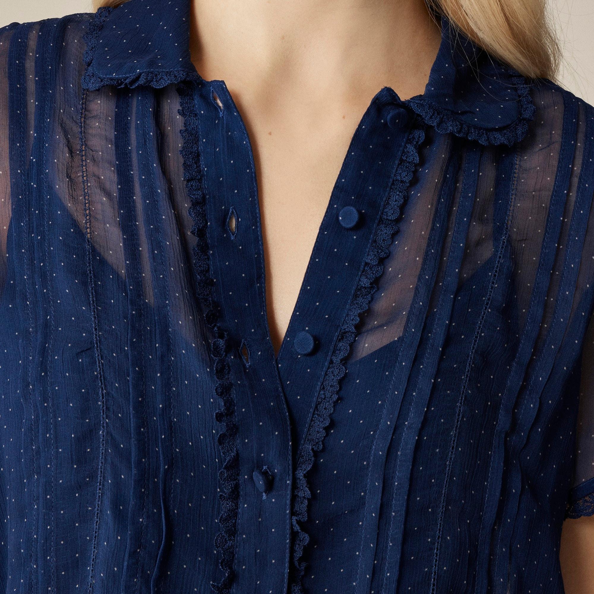 Sheer lace-trim button-up shirt in dot crinkle chiffon Product Image