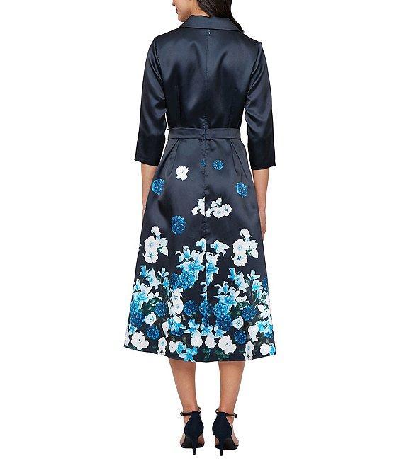 Alex Evenings V-Neck 3/4 Sleeve Floral Print Belted Midi Dress Product Image