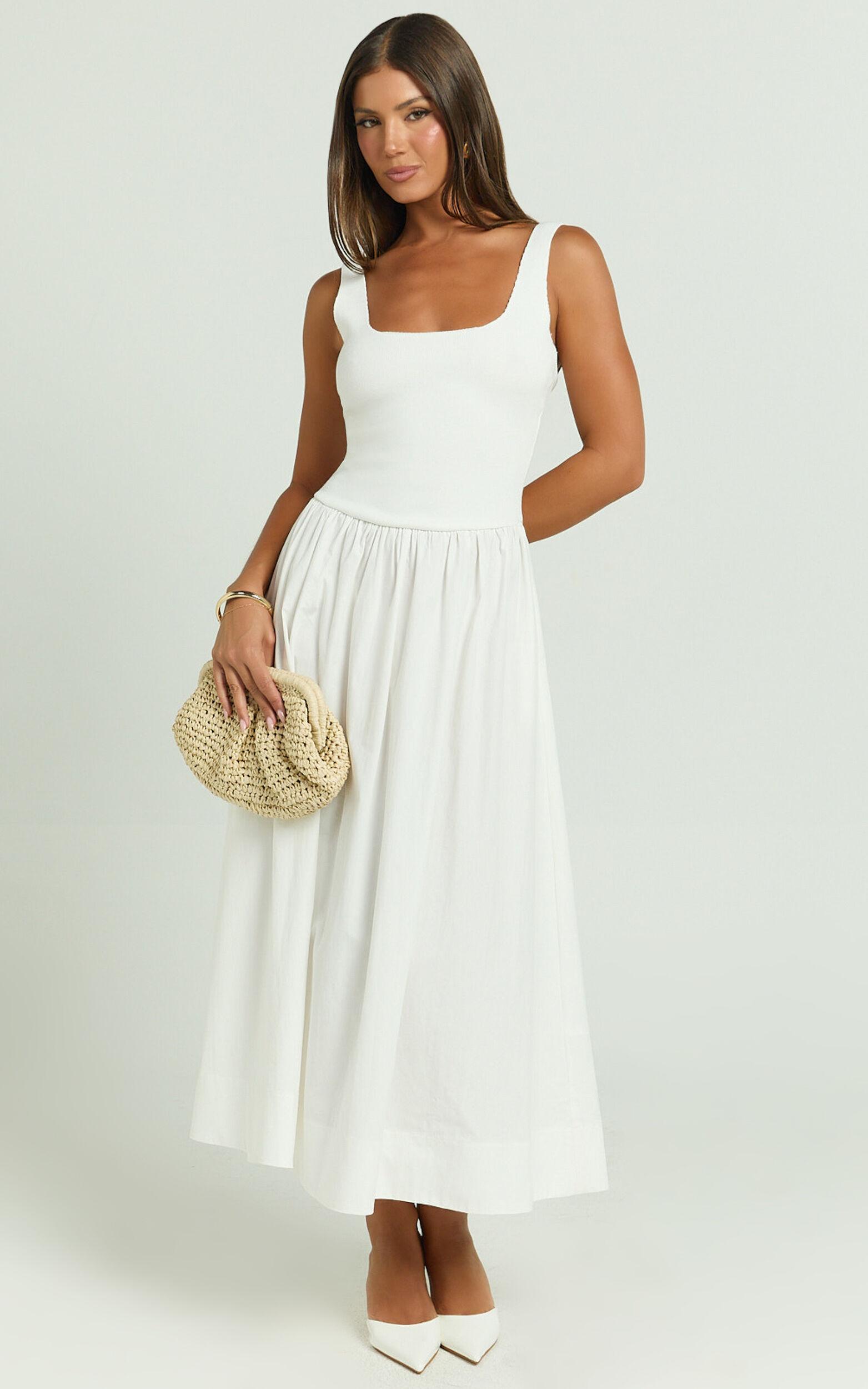 Murphy Midi Dress - Scoop Neck Straight Drop Waist Gathered Skirt Knit And Poplin Dress in White Product Image