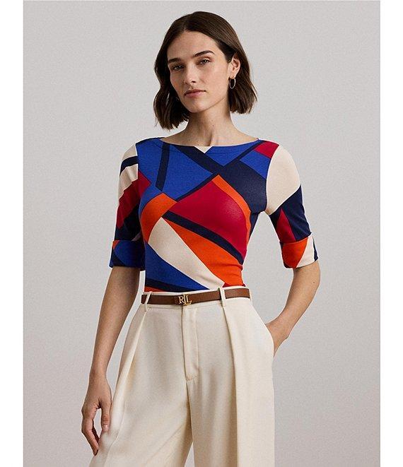 Lauren Ralph Lauren Stretch Cotton Abstract Print Boat Neck Elbow Length Sleeve Tee Top Product Image
