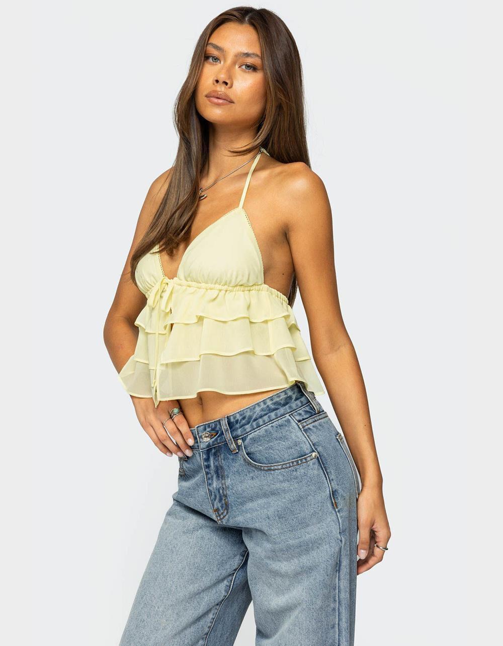 EDIKTED Zephi Split Front Ruffled Top - YELLOW Product Image
