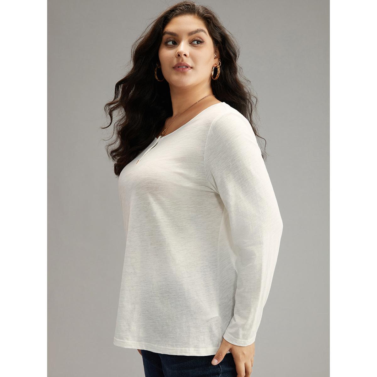 Plus Size Cotton Solid Button Up Crew Neck T-shirt White Women Casual Plain Plain Open Front Dailywear T-shirts BloomChic 14-16/1X Product Image