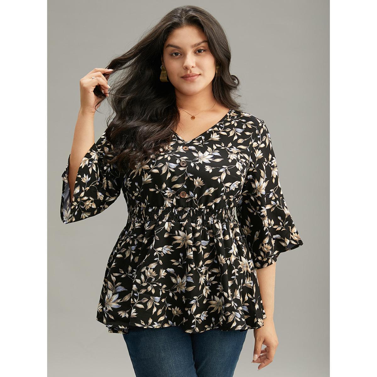 Plus Size BlackFlower Floral Print Shirred Button Detail V Neck Petal Sleeve Blouse Women Vacation Half Sleeve V-neck Dailywear Blouses BloomChic 28/5X Product Image