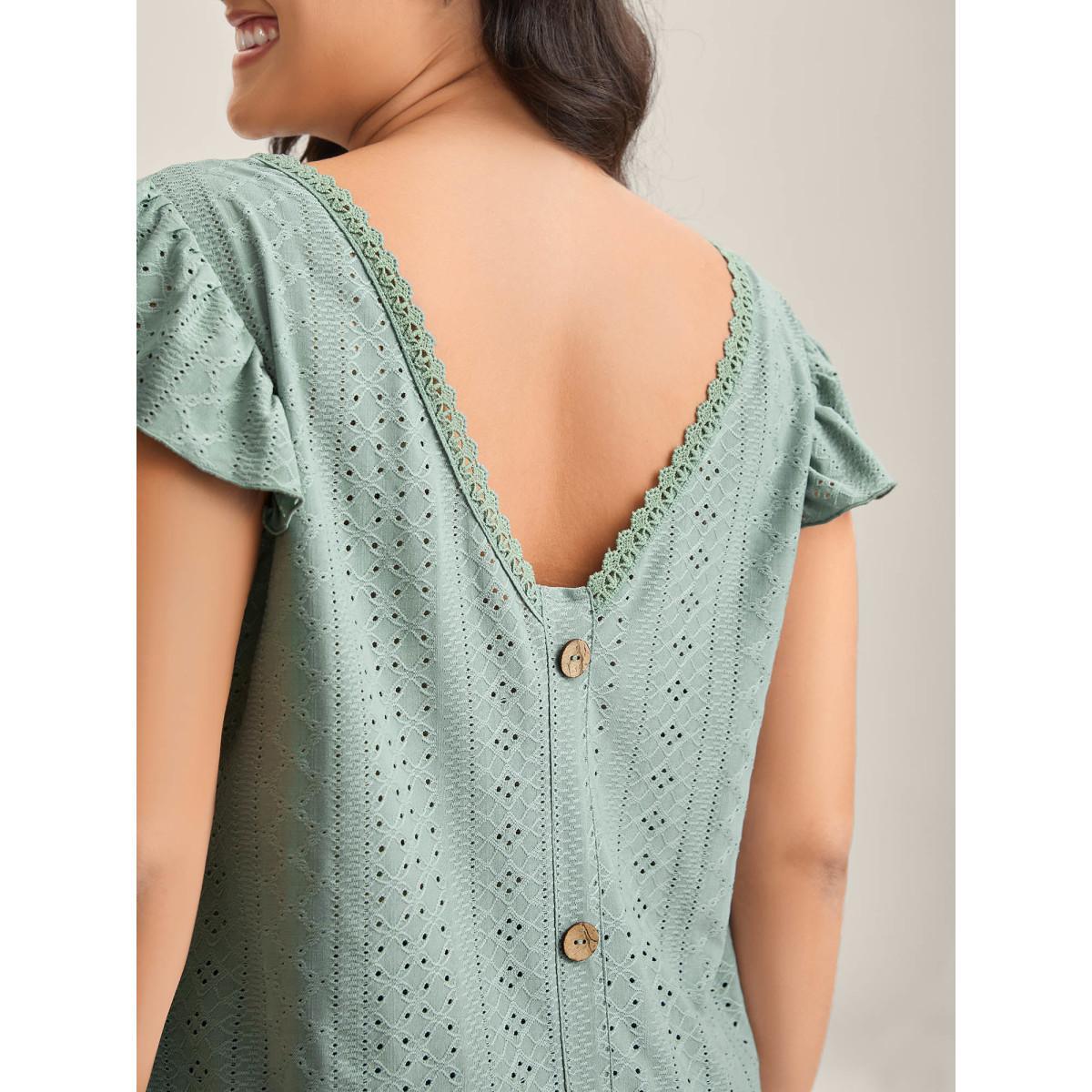 Plus Size Eyelet Trim Flutter Sleeve Backless T-Shirt Greenbean Women Leisure Woven ribbon&lace trim V-neck Casual T-shirts BloomChic 28/5X Product Image