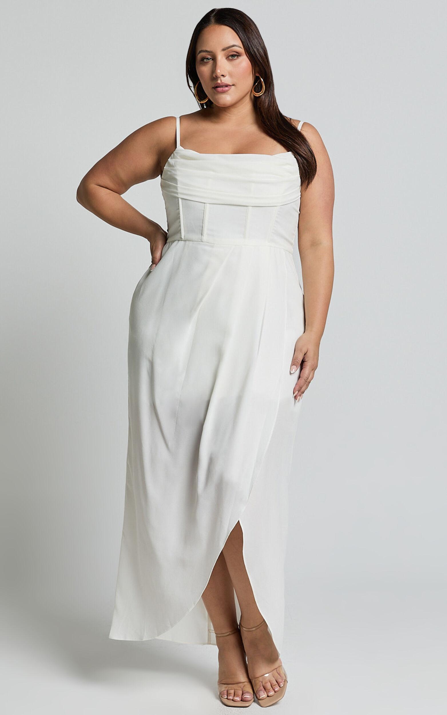 Andrina Midi Dress - High Low Wrap Corset Dress in White Product Image