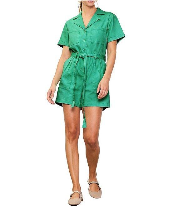Skies Are Blue Washed Cotton Twill Notch Collar Short Sleeve Button Front Belted Romper Product Image