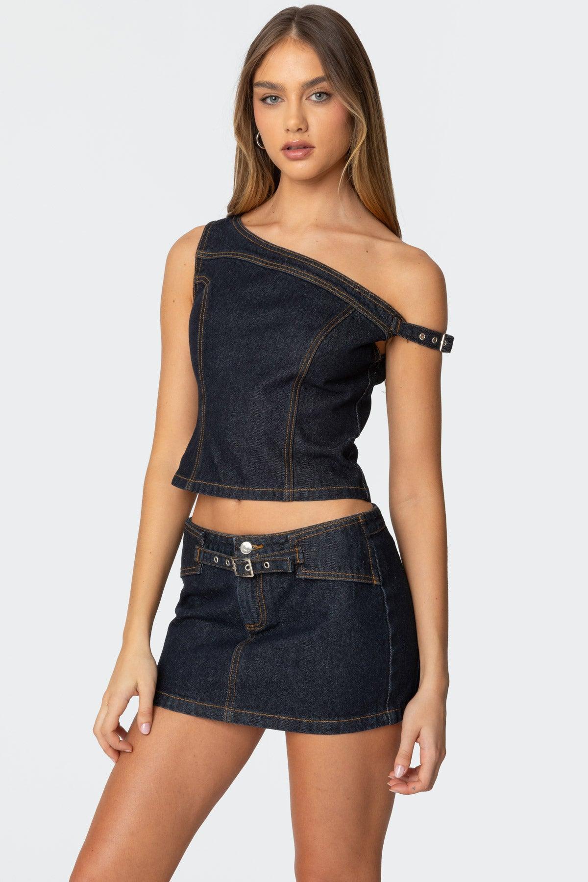 Keira Buckled Asymmetric Denim Top Product Image