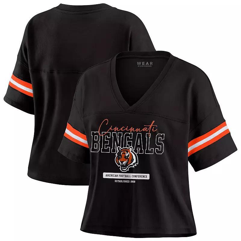 Women's WEAR by Erin Andrews Black Cincinnati Bengals Color Block Boxy Modest Crop V-Neck T-Shirt,  Product Image
