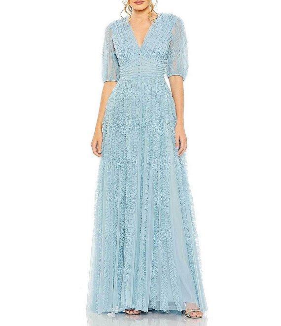 Mac Duggal V-Neck 3/4 Sleeve Embellished Tiered Ruffled A-Line Gown Product Image