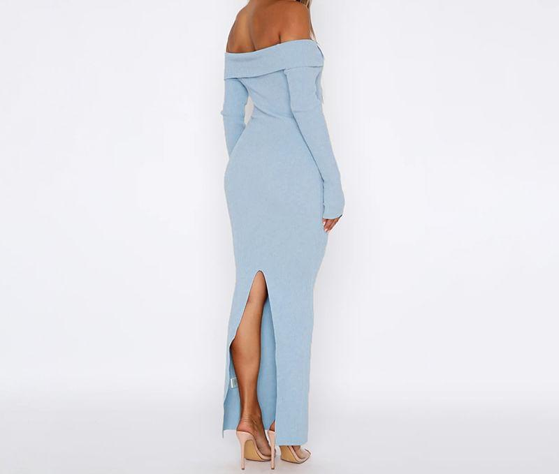 Off Shoulder Long Sleeve Plain Bodycon Maxi Dress Product Image