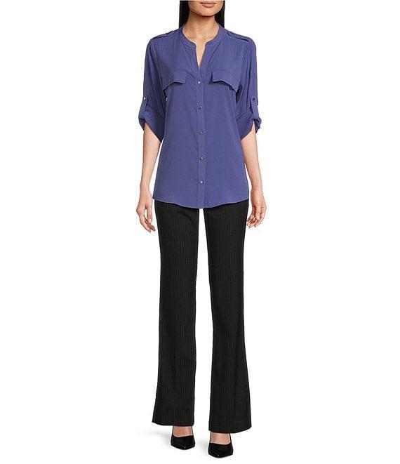 Calvin Klein Crepe De Chine Crew Neck Roll-Up Sleeve Button Front Blouse Product Image