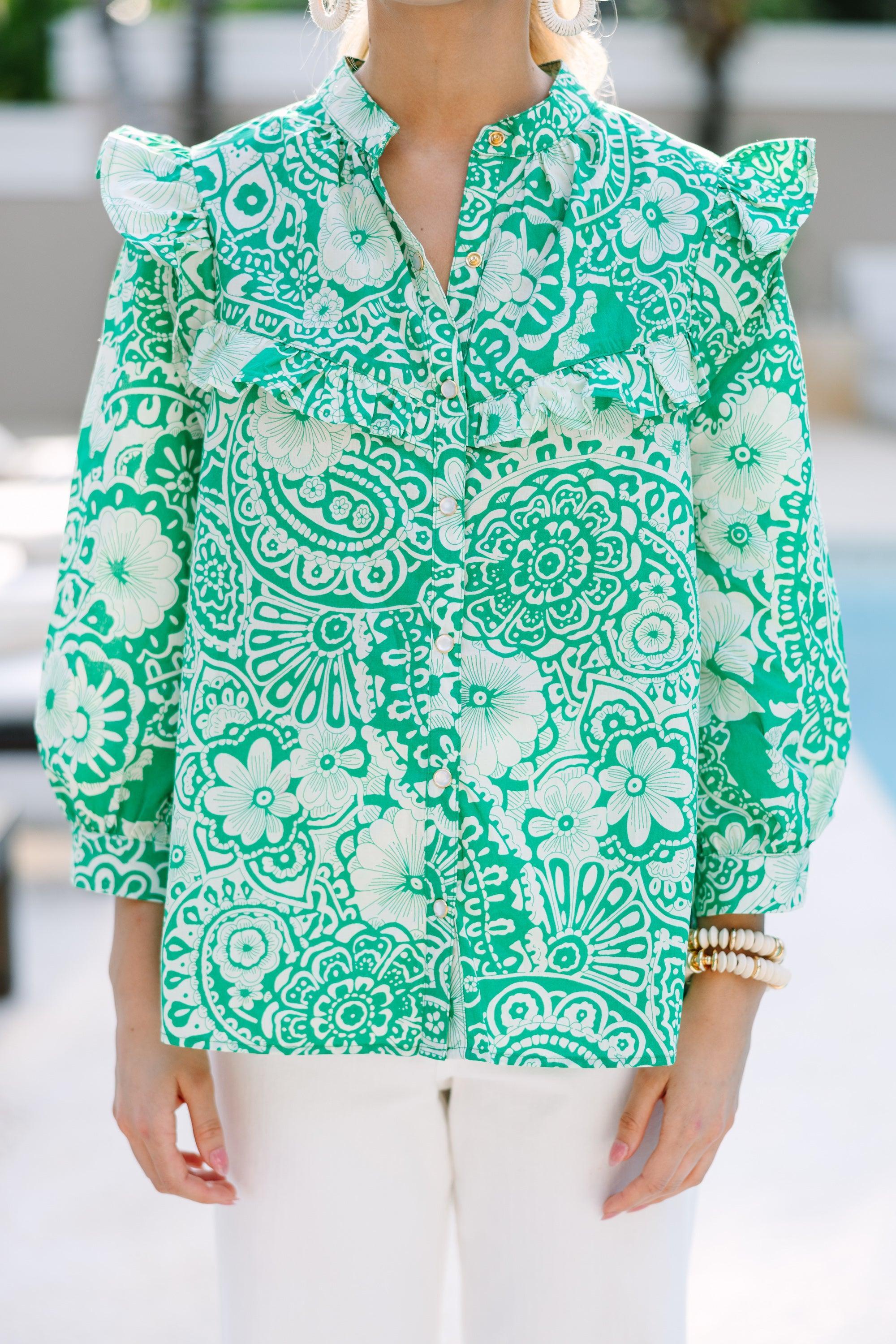 Keep It Up Green Floral Ruffled L/S Blouse Female Product Image