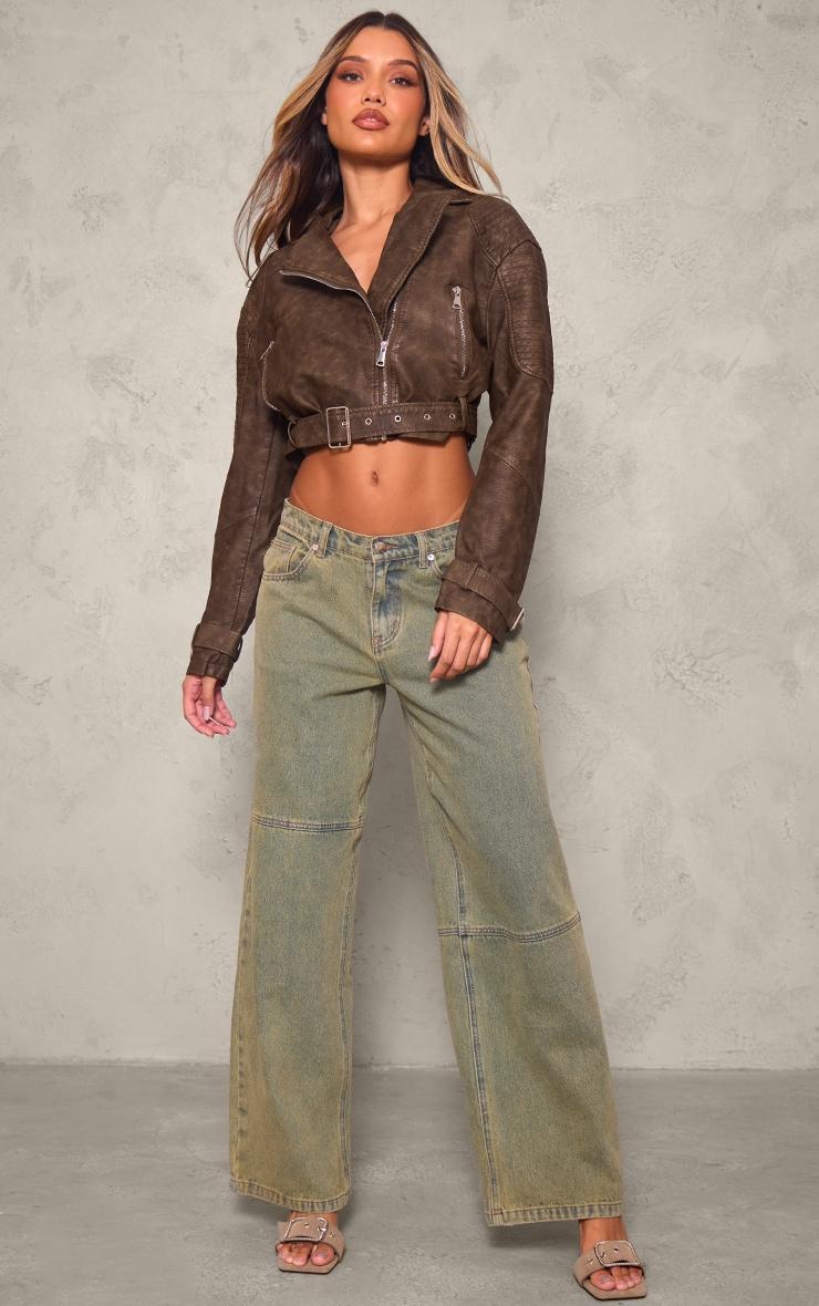 Brown Textured Faux Leather Quilted Detail Cropped Biker Jacket Product Image