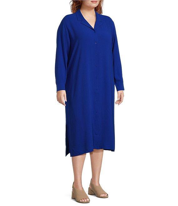 Eileen Fisher Plus Size Silk Georgette Crepe Notch Collar Long Sleeve Button Front Dress Product Image