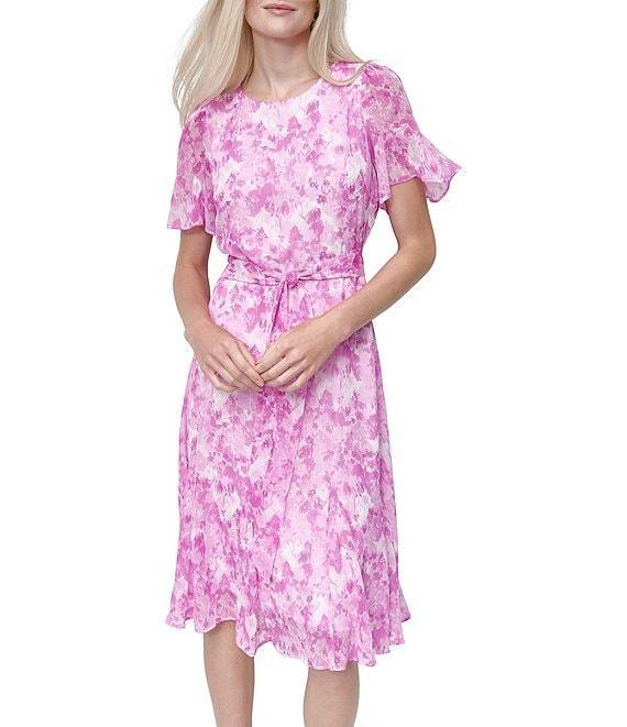 DKNY by Donna Karan Floral Printed Round Neckline Short Sleeve Tie Waist Midi Dress Product Image