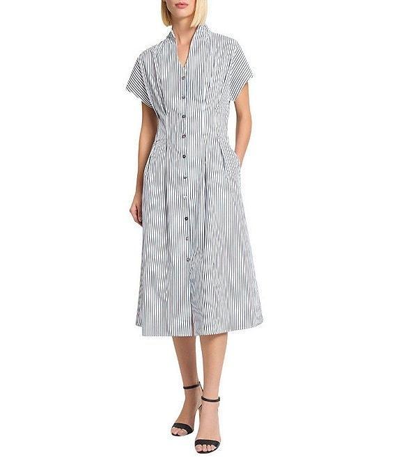 Ming Wang x Tanya Foster Cotton Pinstripe Stand Collar Short Sleeve Fit-And-Flare Dress Product Image