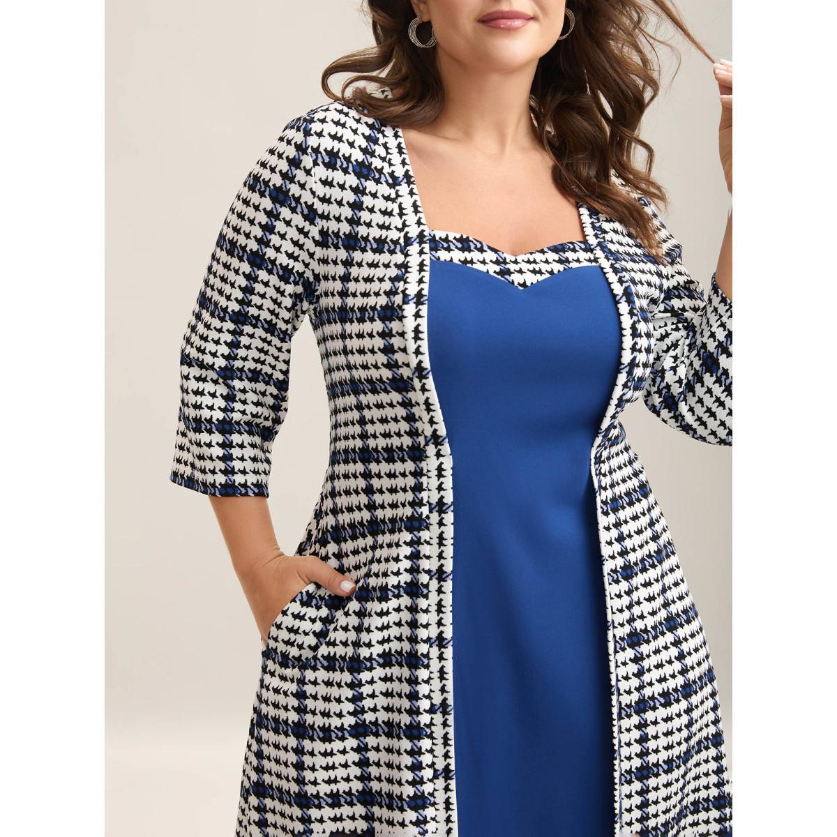 Plus Size Houndstooth Print Waist-Cinched Patchwork Midi Dress Mediumblue Women At the Office Patchwork Knit Dresses Bloomchic 22-24/3X Product Image