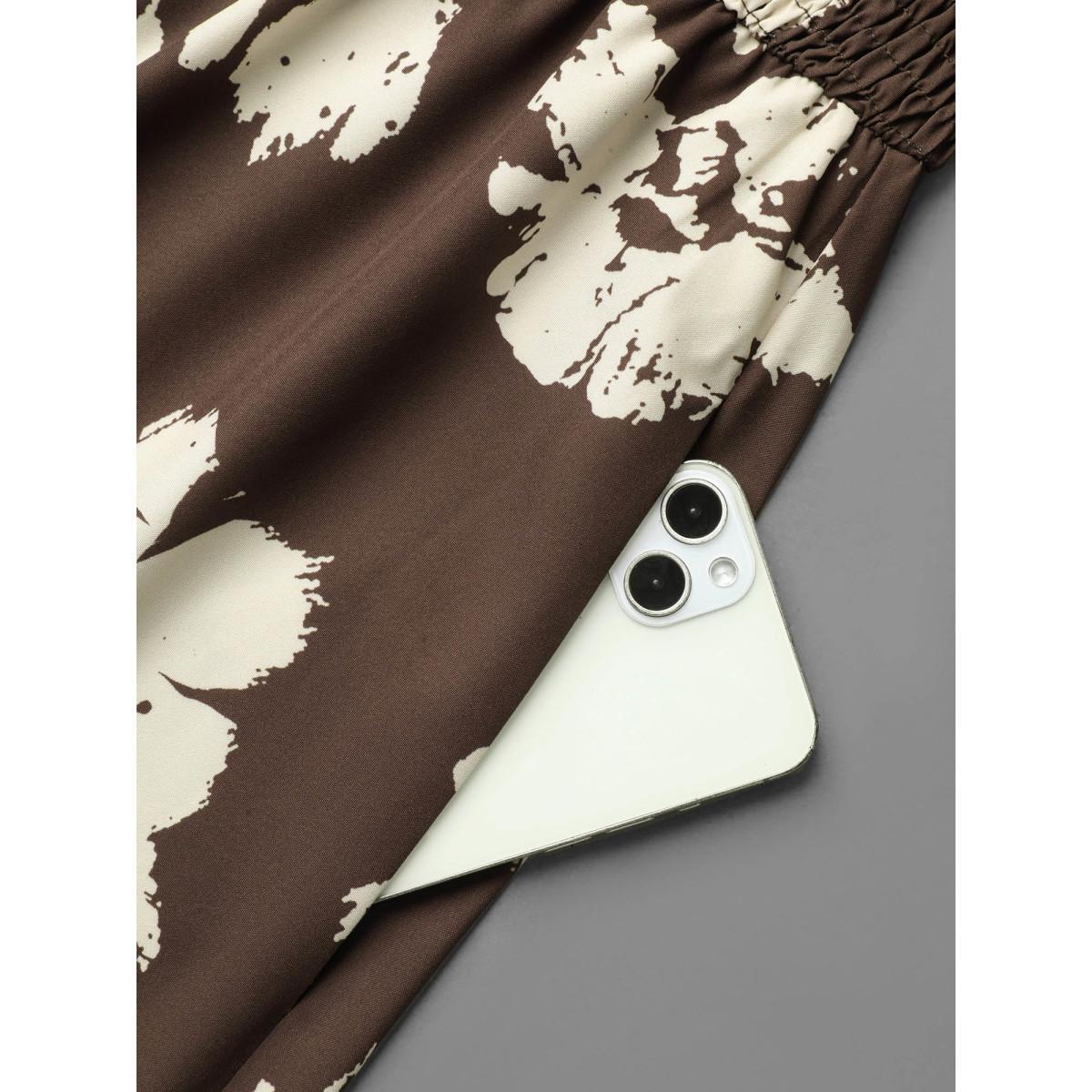 Plus Size Leaf Print Square Neck Ruffled Shirred Midi Dress Browncoffeecolor Women Elegant Shirred Square Neck Elbow-length sleeve Curvy BloomChic 14-16/1X Product Image