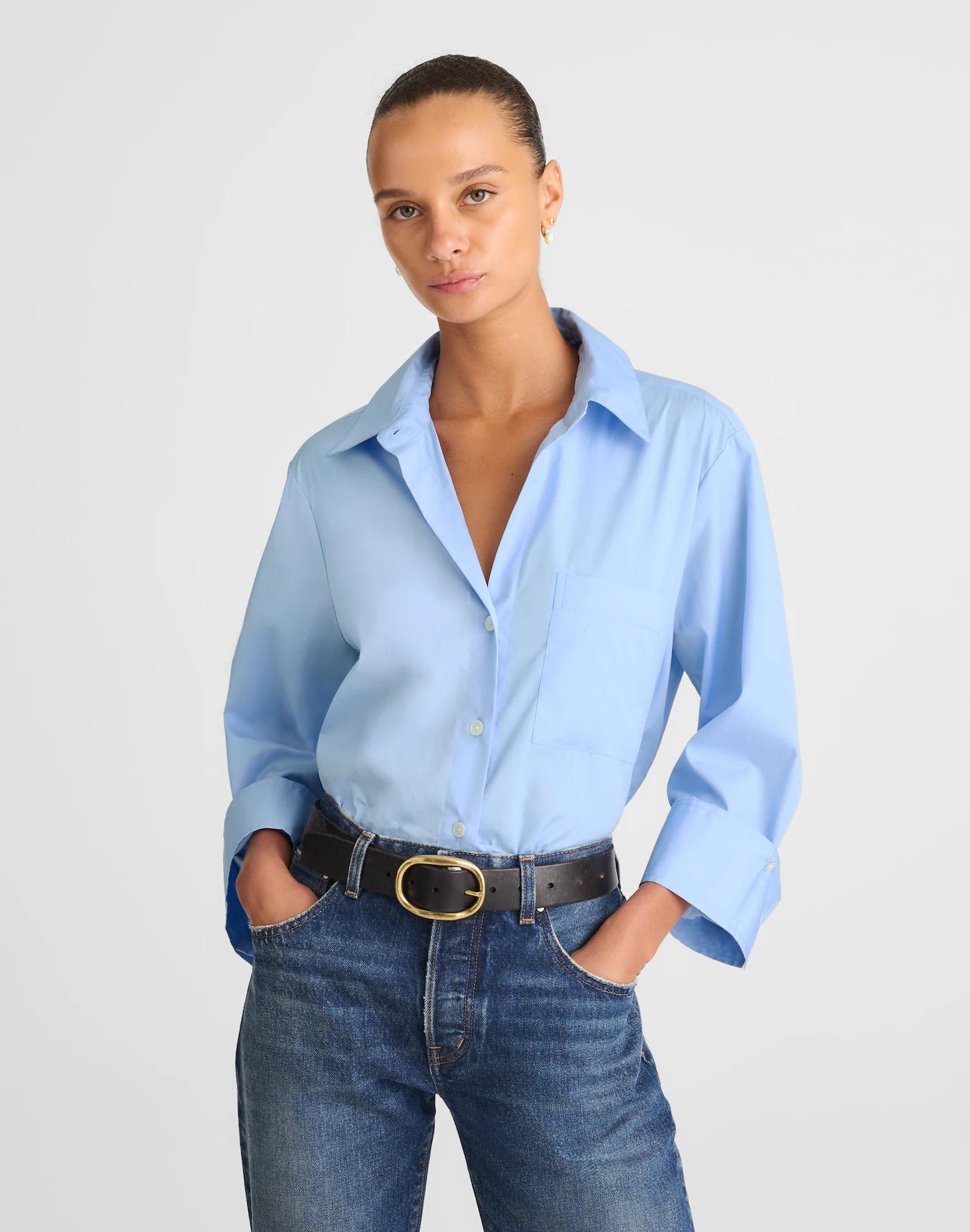 Poplin Easy Y-Neck Button-Up Shirt Product Image