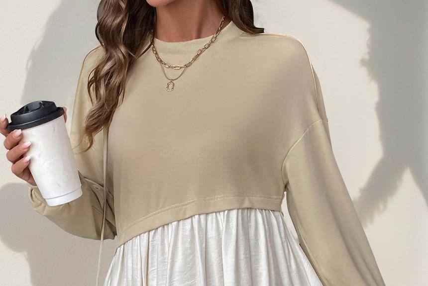 Long Sleeve Crew Neck Mock Two Piece Ruffle Hem Mini A-Line Dress Product Image