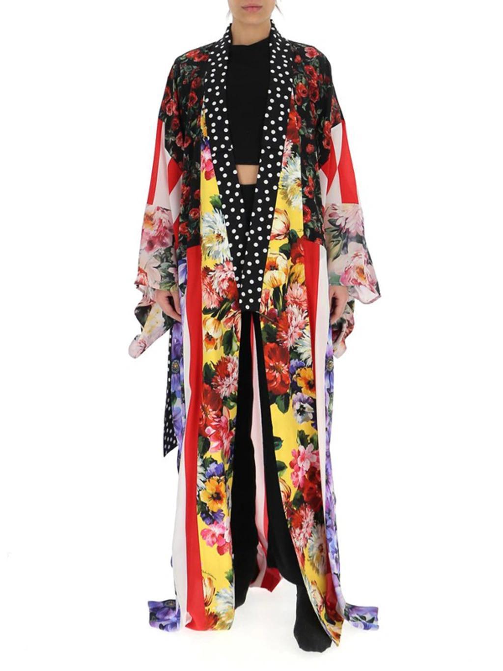 DOLCE & GABBANA Patchwork Floral-print Silk-crepe Robe In Black Product Image