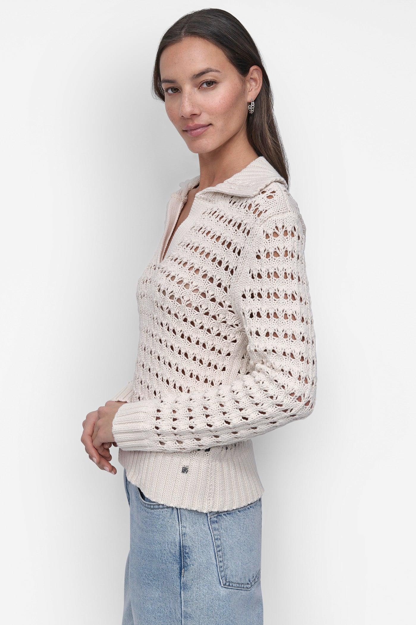 LONG SLEEVE OPEN POINTELLE STITCH POLO COLLAR SWEATER Product Image