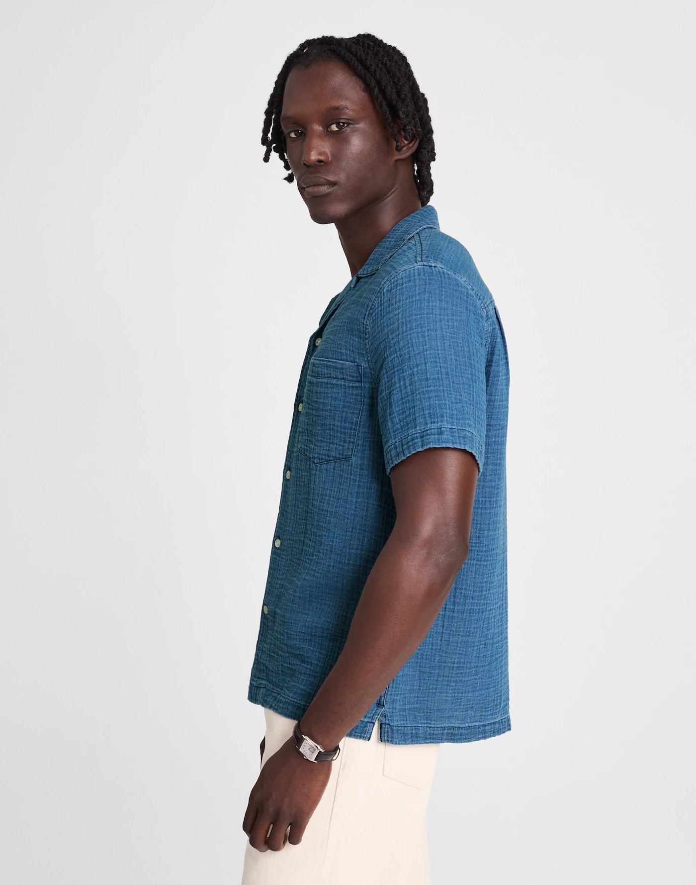 Indigo-Dyed Short-Sleeve Button-Up Shirt Product Image