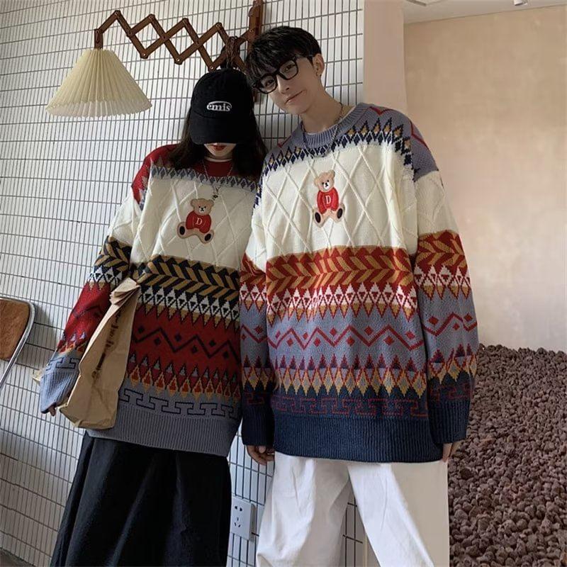 Couple Matching Long Sleeve Bear Print Loose-Fit Sweater Product Image