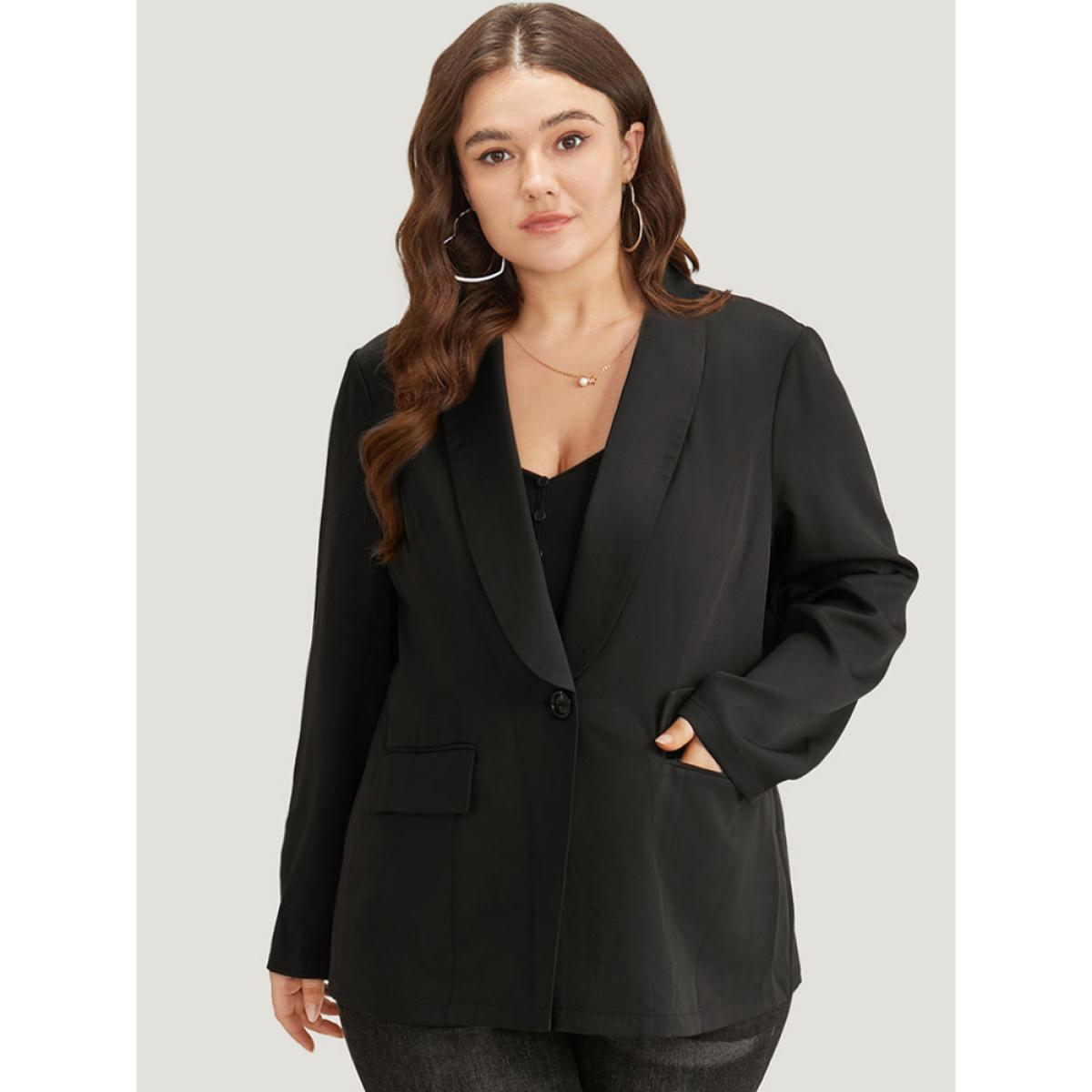 Plus Size Plain Suit Collar Button Up Pocket Blazer Black Women Work Plain Plain Sleeve Long Sleeve Suit Collar 22-24/3X Pocket At the Office Blazers BloomChic Product Image