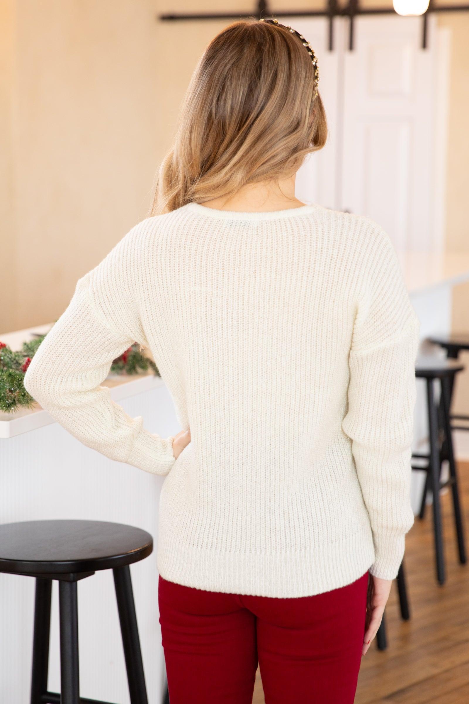 Ivory V-Neck Sweater With Center Seam Product Image