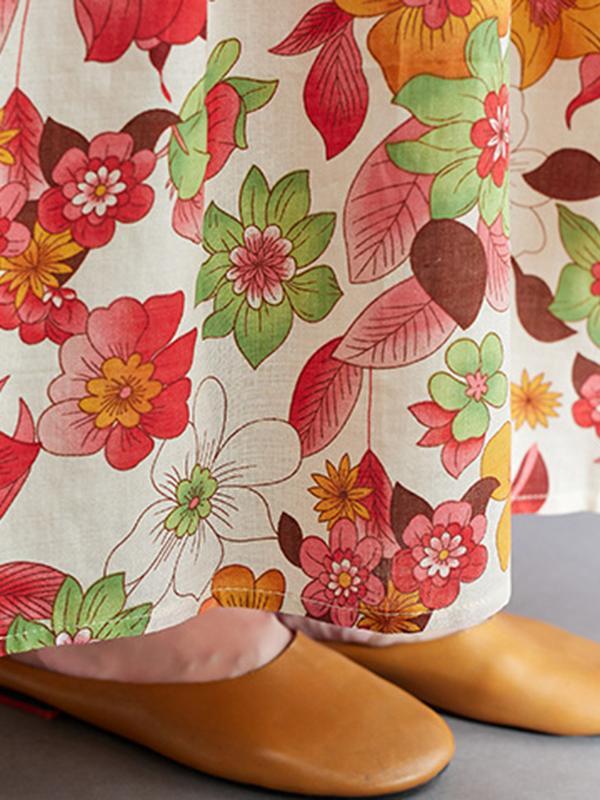 Loose Short Sleeves Pleated Printed Split-Joint Round-Neck Midi Dresses Product Image