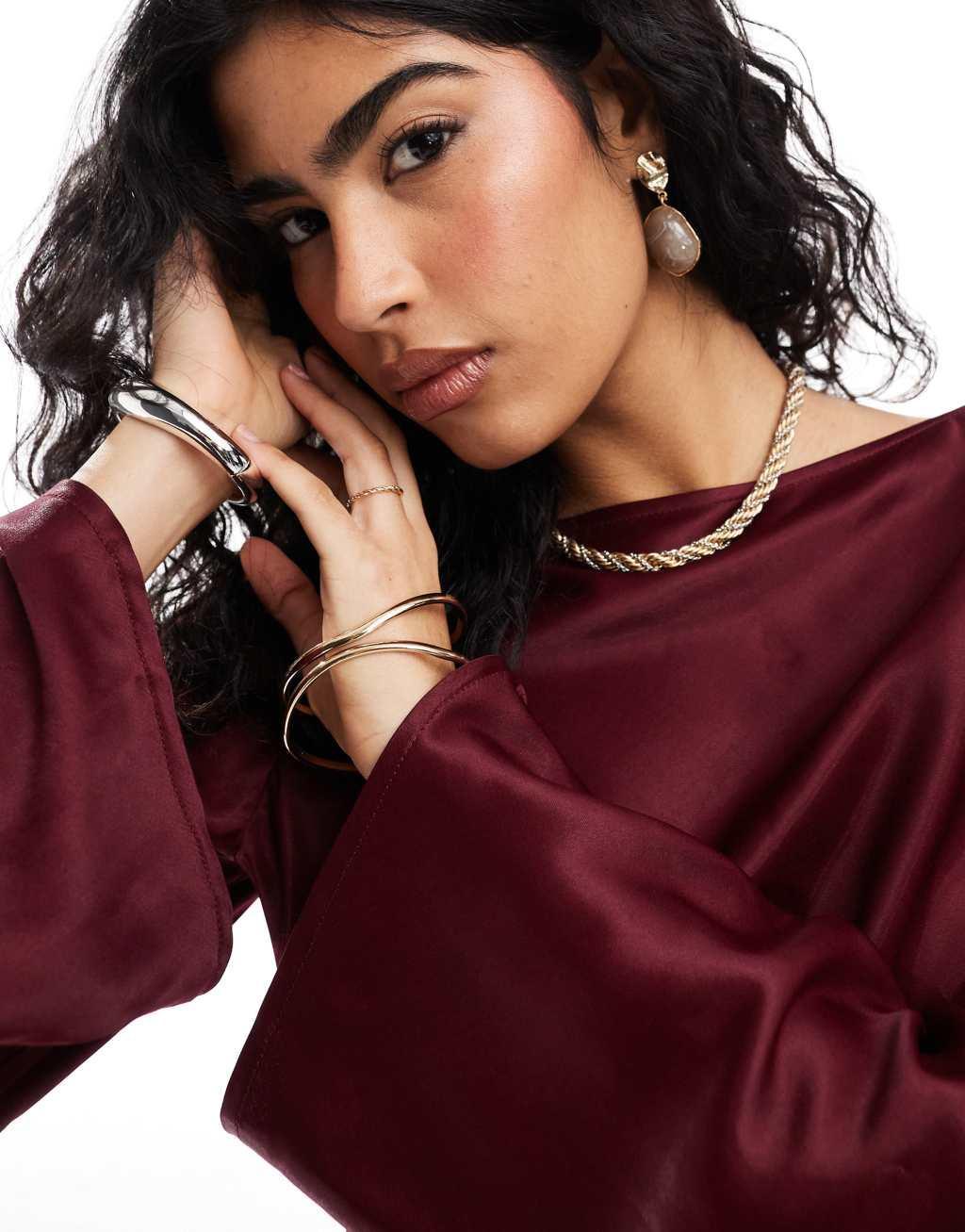 ASOS DESIGN satin slash neck crop blouse in burgundy - part of a set Product Image