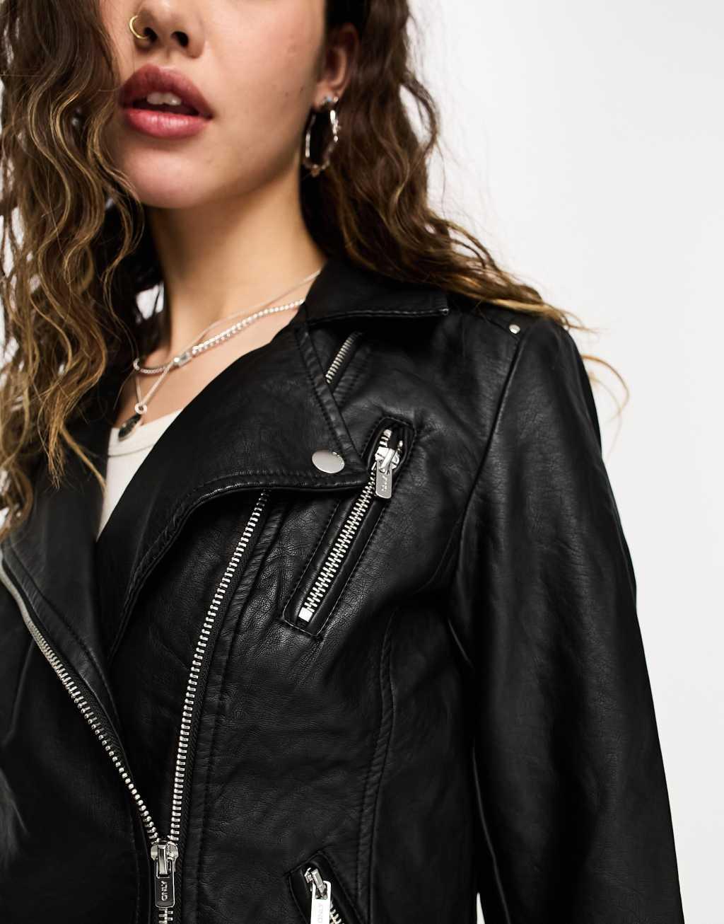 Only faux leather biker jacket in black  Product Image