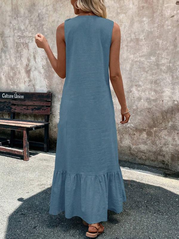 A-Line Loose Pleated Ruffle Trim Solid Color V-Neck Maxi Dresses Product Image