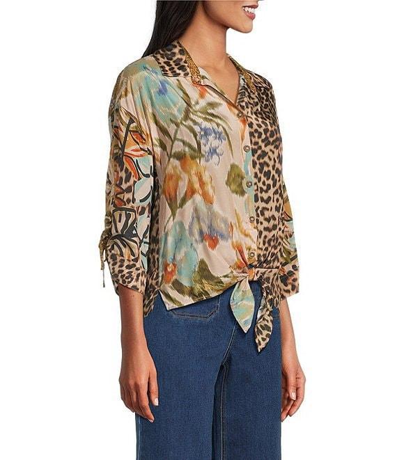 John Mark Mixed Animal And Floral Print Ditsy Point Collar Dolman Cinched Sleeve Button Front Tie Blouse Product Image