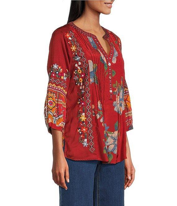 John Mark Embroidered Multi Patch Split V-Neck 3/4 Sleeve Hi-Low Hem Tunic Product Image