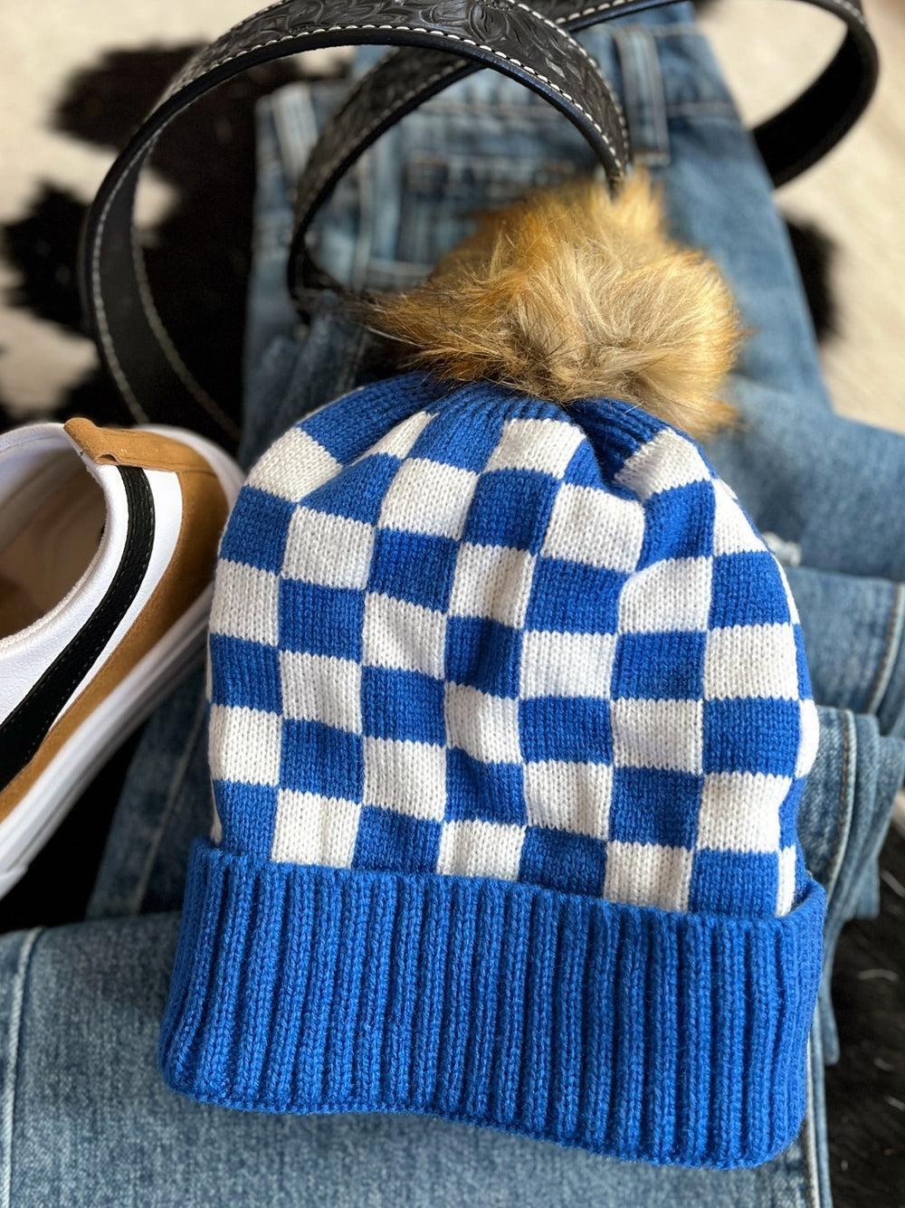 Fleece Lined Blue & White Checkered Beanie* Product Image