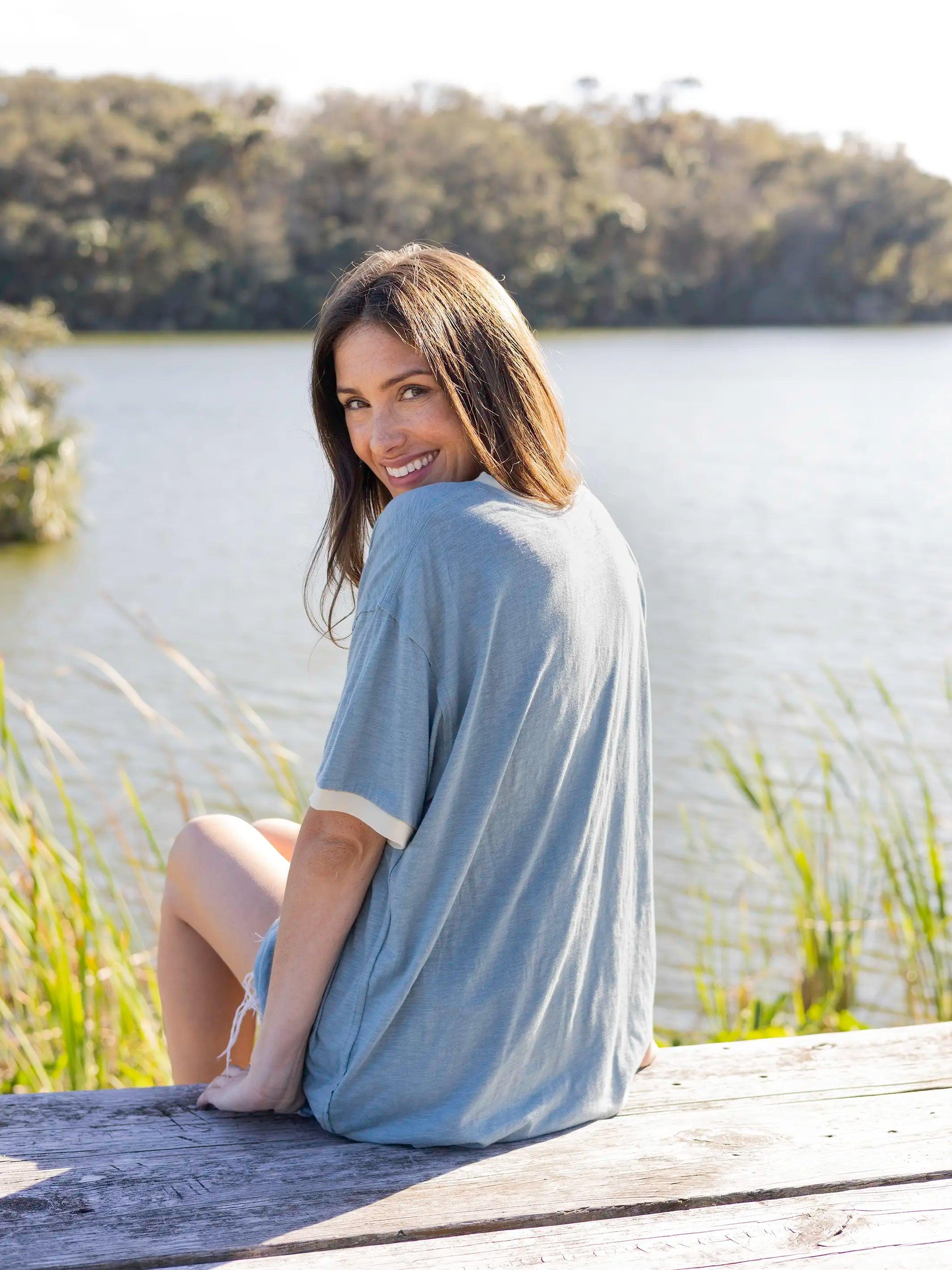 Ringer Oversized Tee Shirt - Blue Folk Flower Product Image