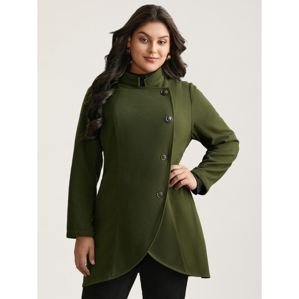 Plus Size Solid Wrap Button Up Asymmetrical Hem Coat Women ArmyGreen Elegant Button Ladies Everyday Winter Coats BloomChic 18-20/2X Product Image