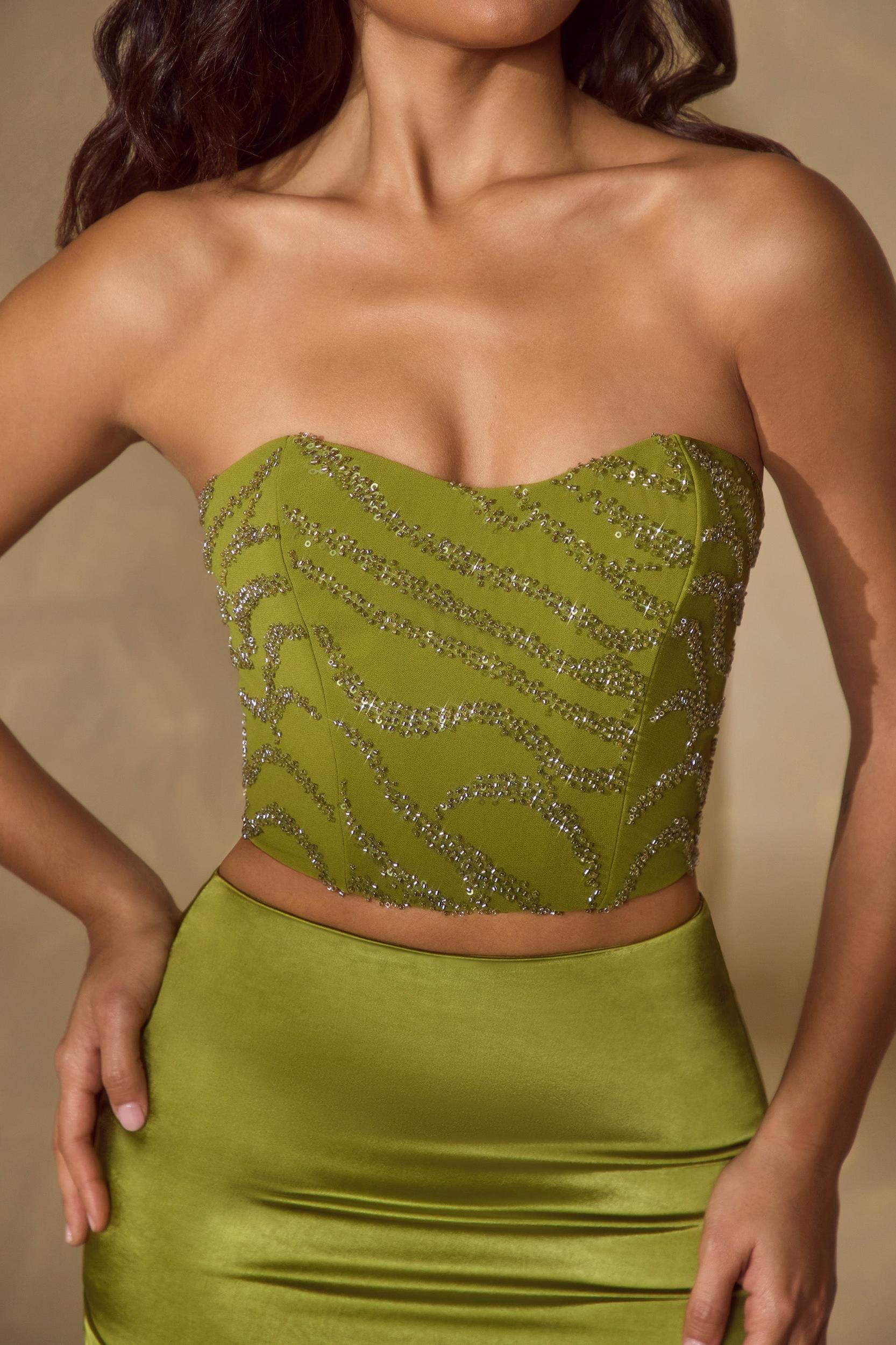 Embellished Bandeau Corset Top in Olive Product Image